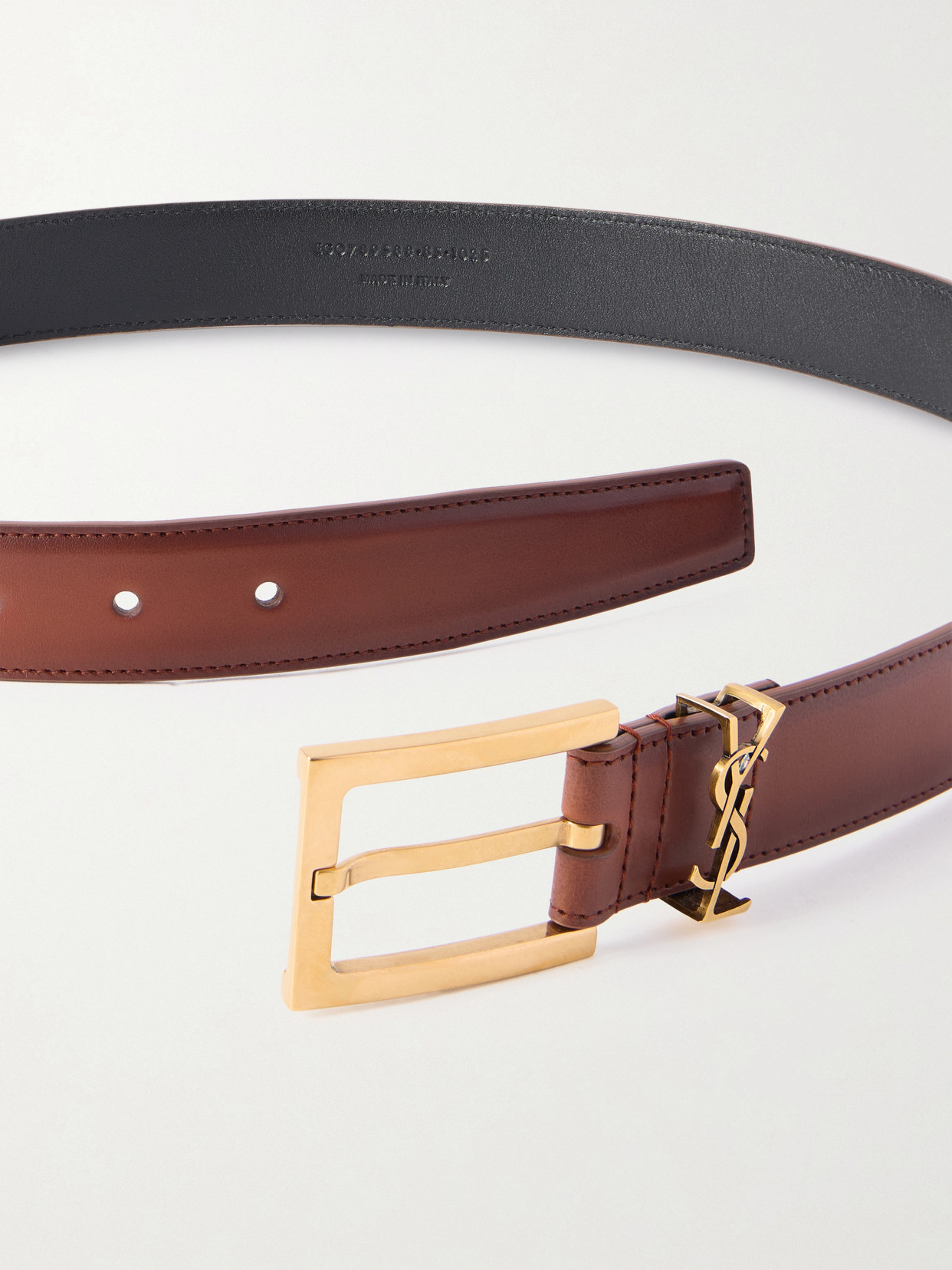 Saint Laurent Cassandre Embellished Leather Belt In Brown