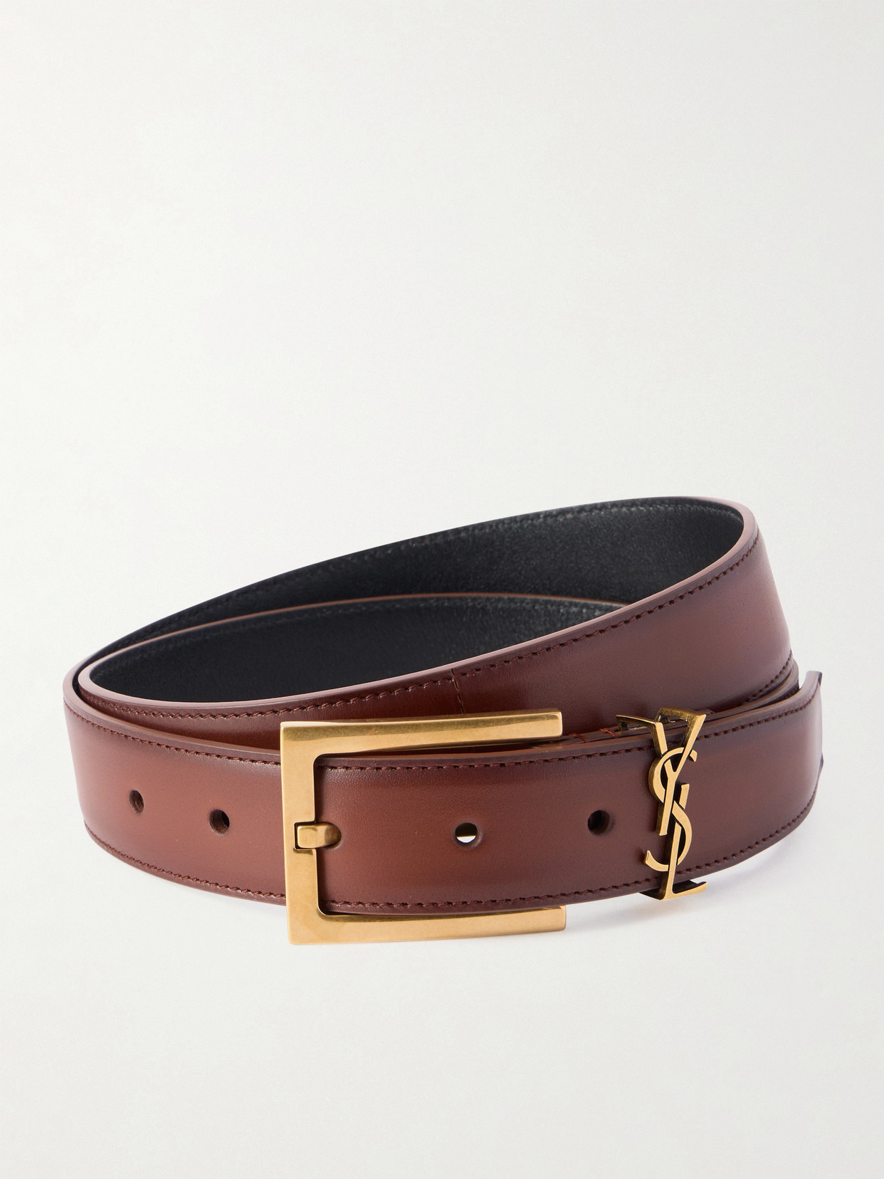 Saint Laurent Cassandre Embellished Leather Belt In Brown
