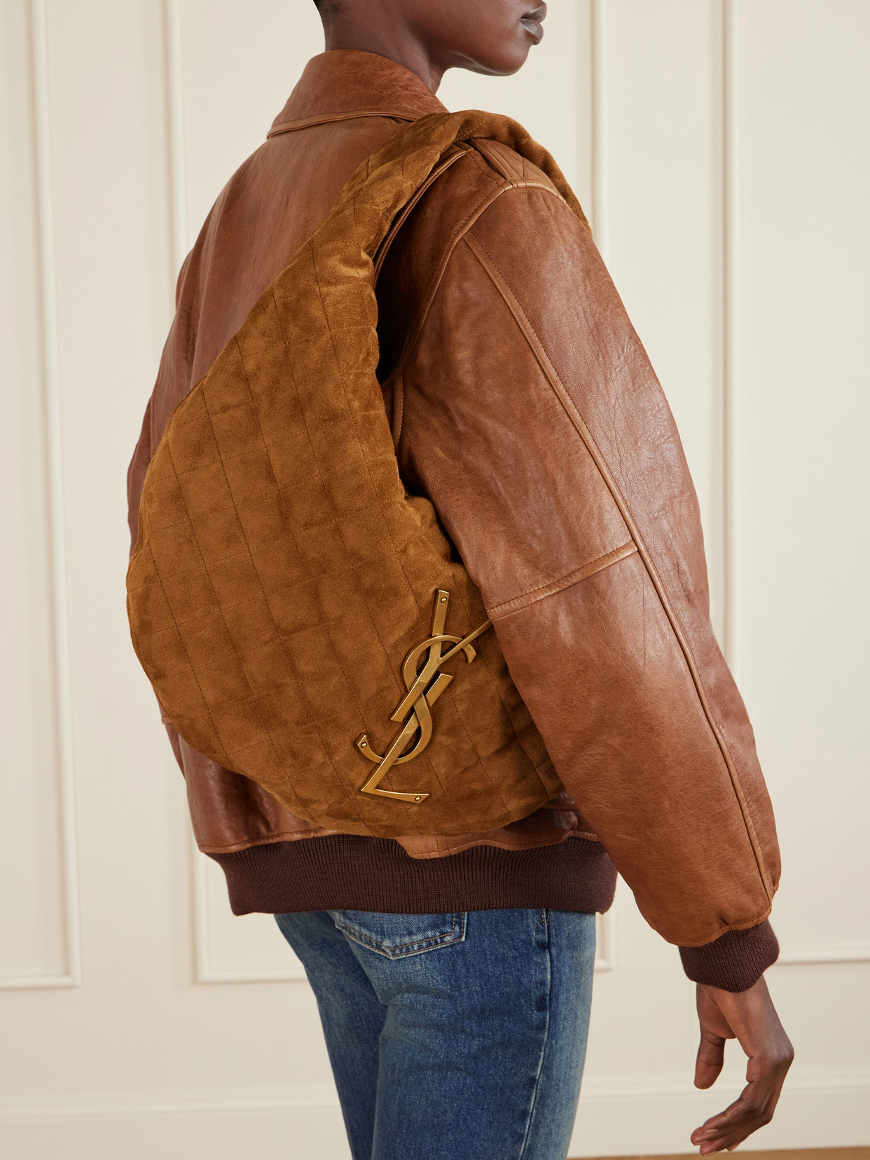 Saint Laurent Appliquéd Quilted Suede Shoulder Bag In Brown