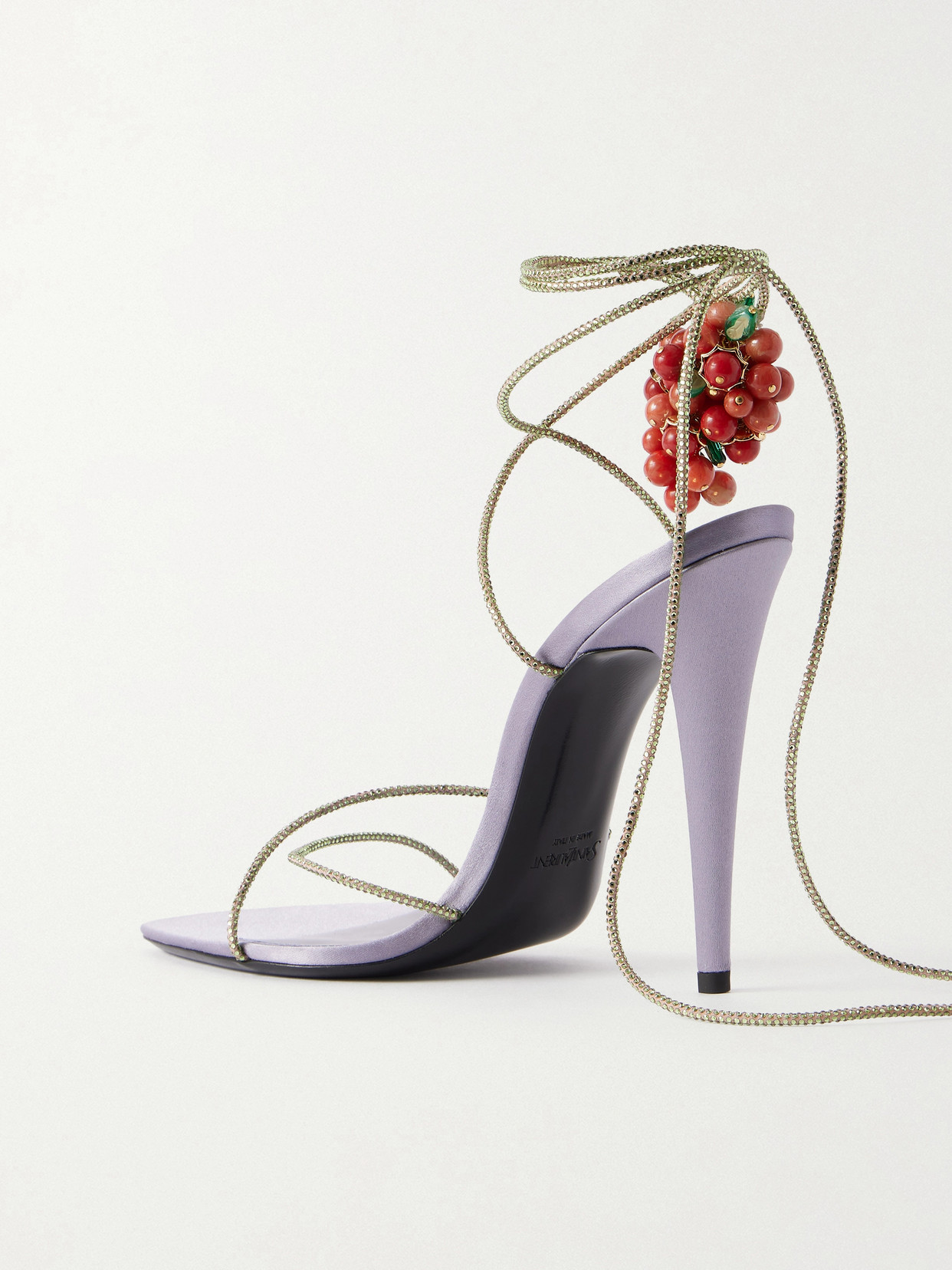 Suede-Trimmed Embellished Satin Sandals