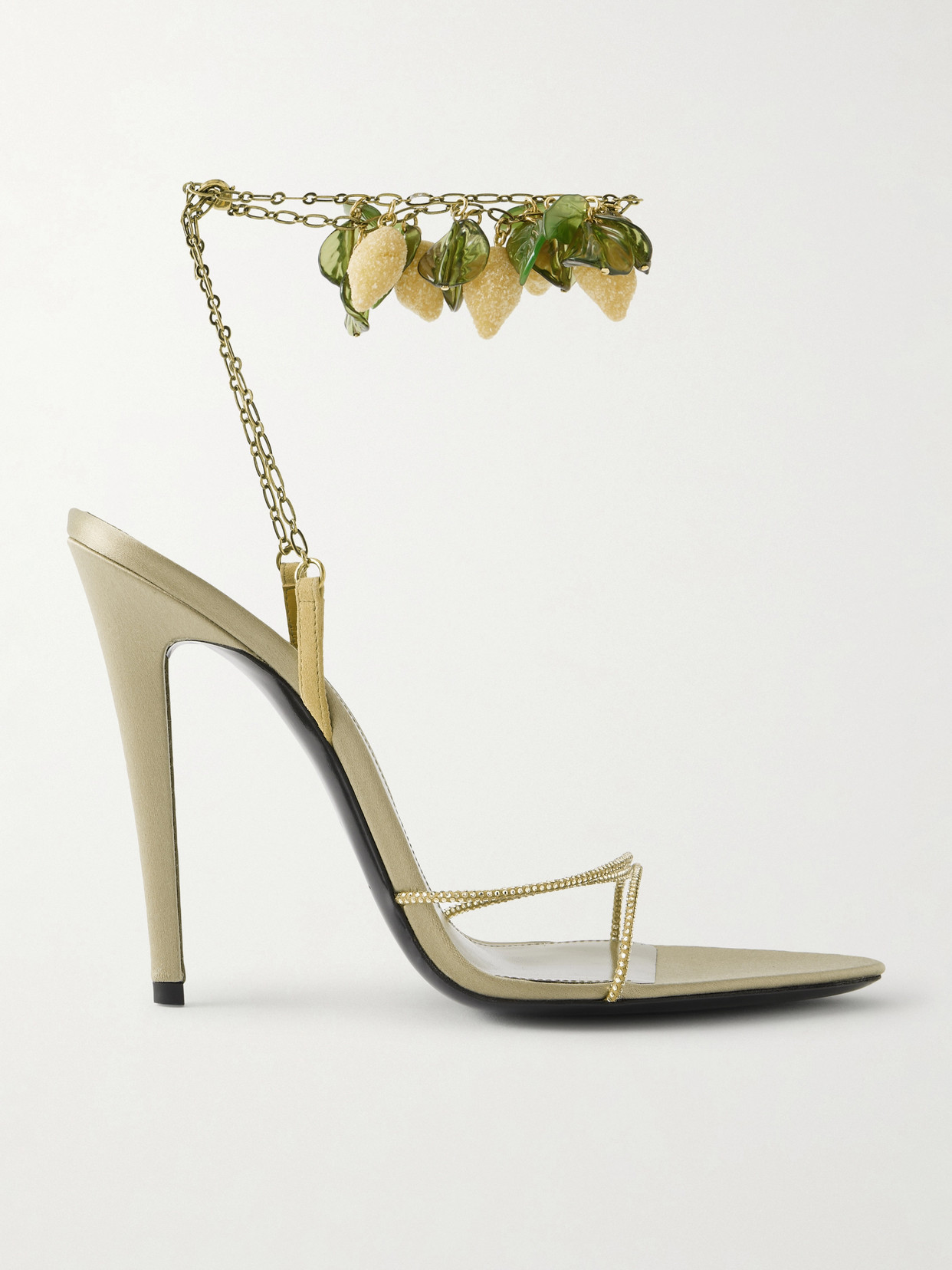Saint Laurent Mon Chéri Embellished Suede-trimmed Satin Sandals In Green