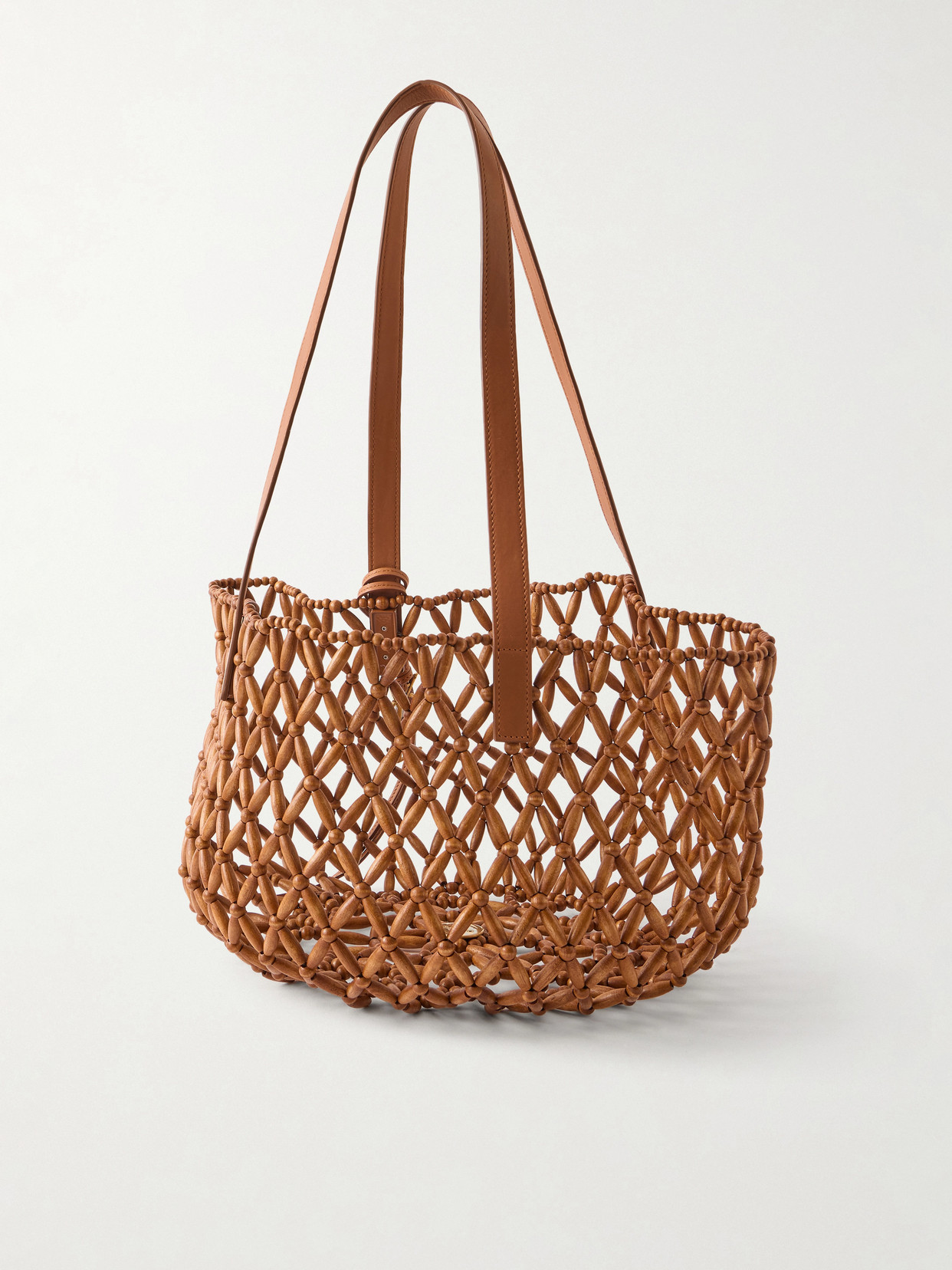 Panier Small Leather-Trimmed Beaded Wood Tote