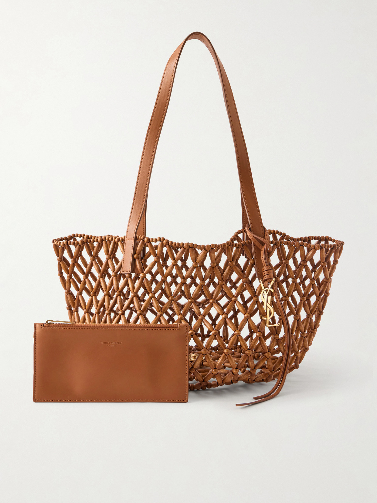 Panier Small Leather-Trimmed Beaded Wood Tote