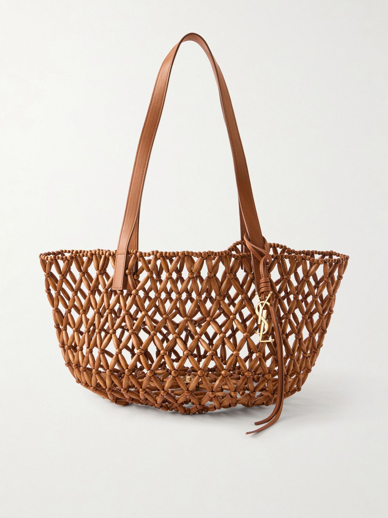 panier small leather trimmed beaded wood tote