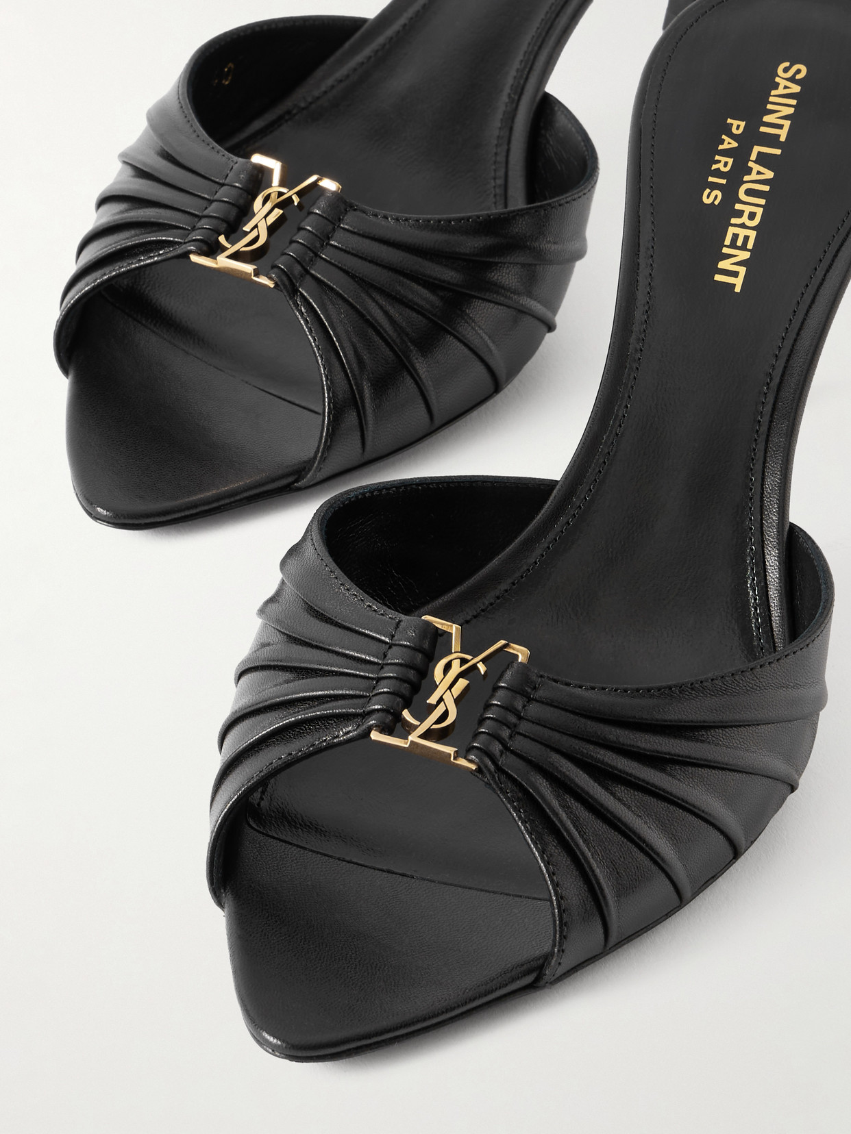 Saint Laurent Babylone Embellished Gathered Glossed-leather Mules In Black