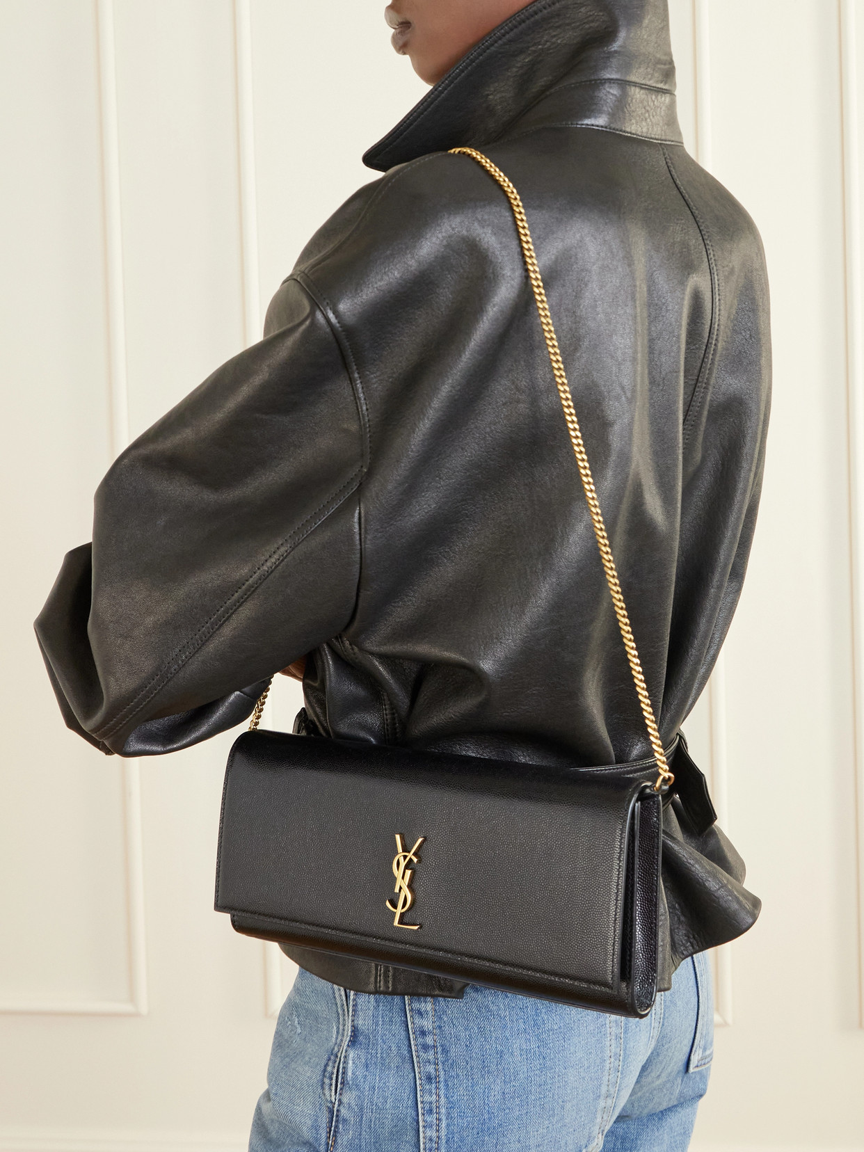 Saint Laurent Kate Textured-leather Clutch In Black