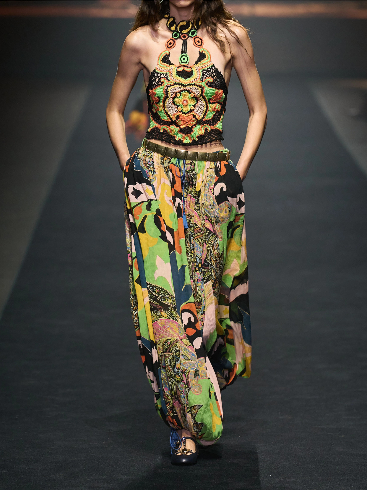 Etro Cotton Crop Top With Crochet-effect Floral Pattern In Multi