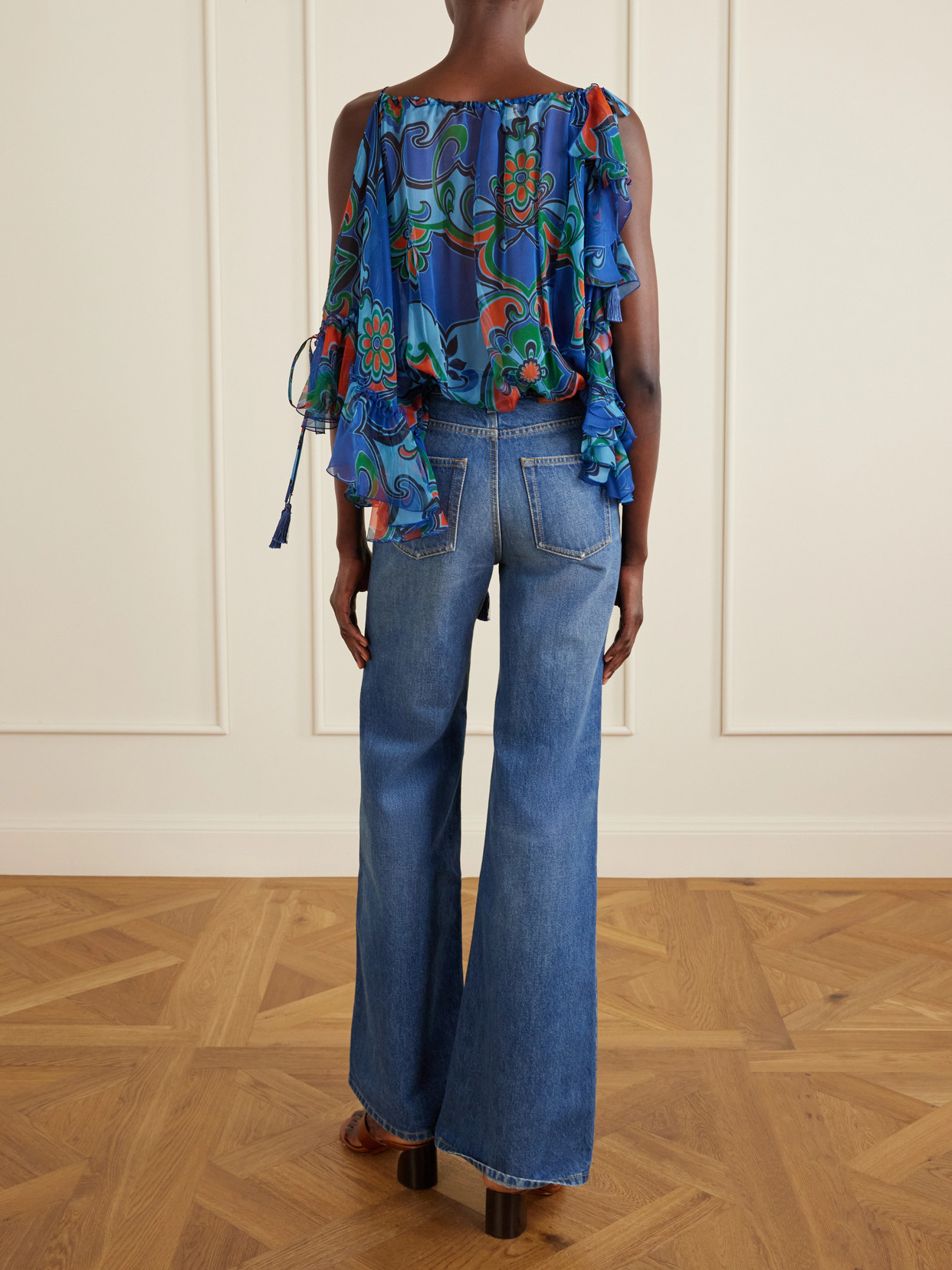 Off-The-Shoulder Ruffled Printed Silk-Chiffon Blouse