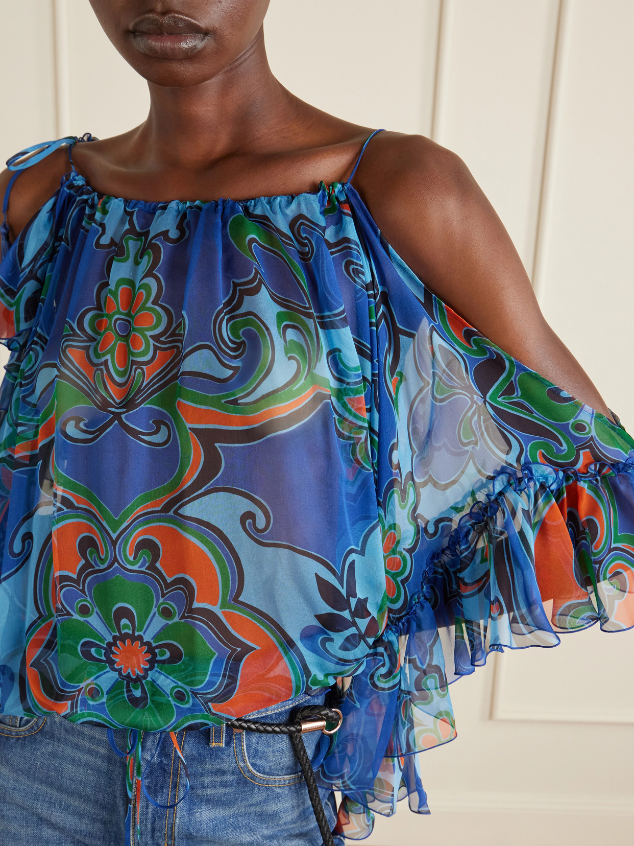 Off-The-Shoulder Ruffled Printed Silk-Chiffon Blouse