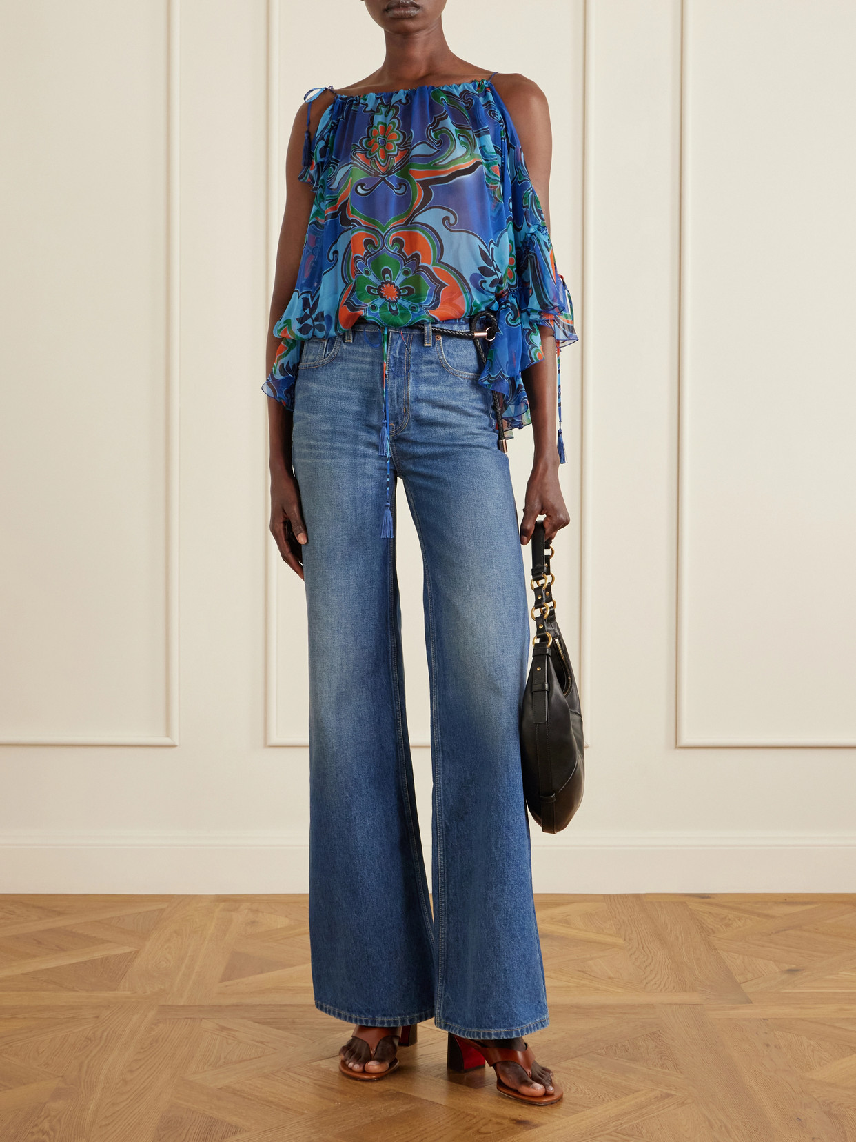 Off-The-Shoulder Ruffled Printed Silk-Chiffon Blouse