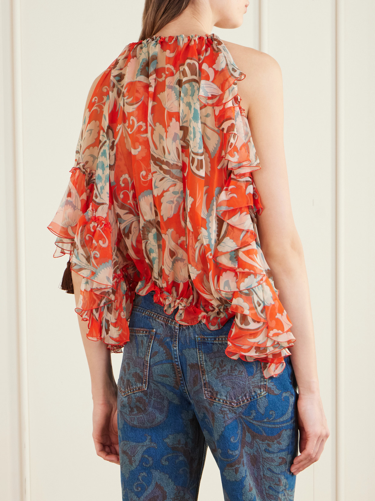 Off-The-Shoulder Asymmetric Tasseled Ruffled Printed Silk-Chiffon Blouse
