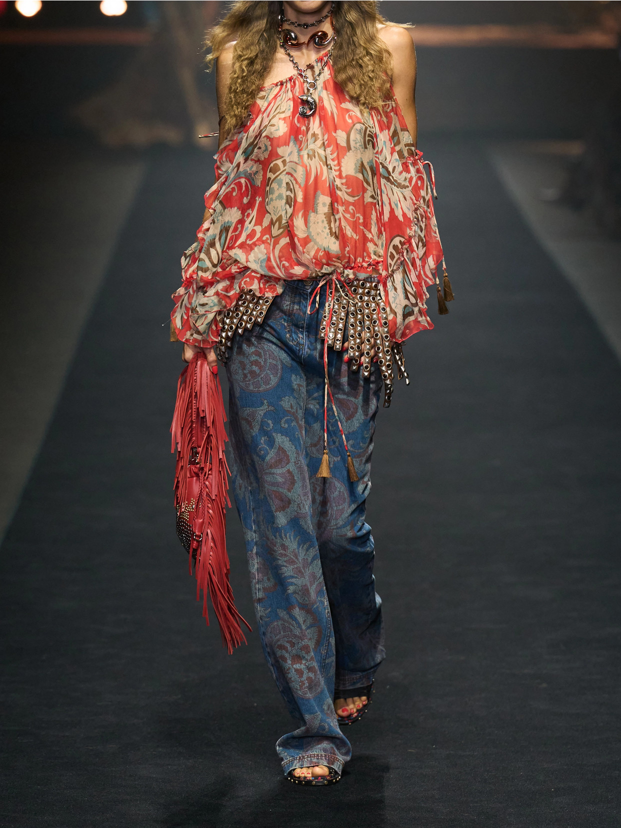 Off-The-Shoulder Asymmetric Tasseled Ruffled Printed Silk-Chiffon Blouse