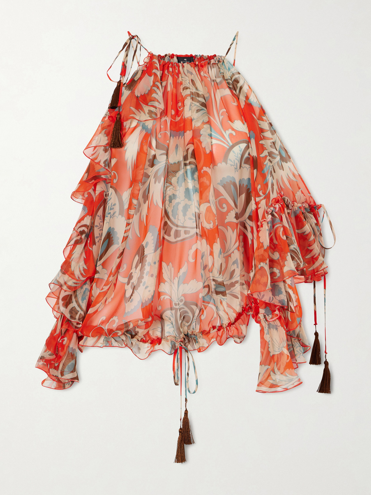Off-The-Shoulder Asymmetric Tasseled Ruffled Printed Silk-Chiffon Blouse