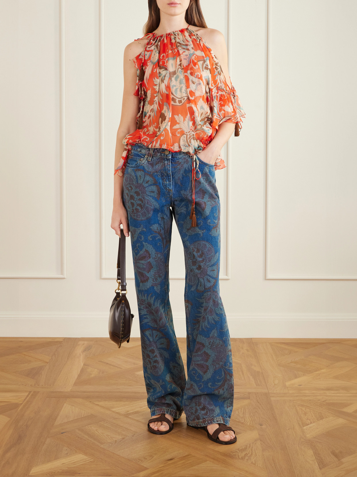 Off-The-Shoulder Asymmetric Tasseled Ruffled Printed Silk-Chiffon Blouse