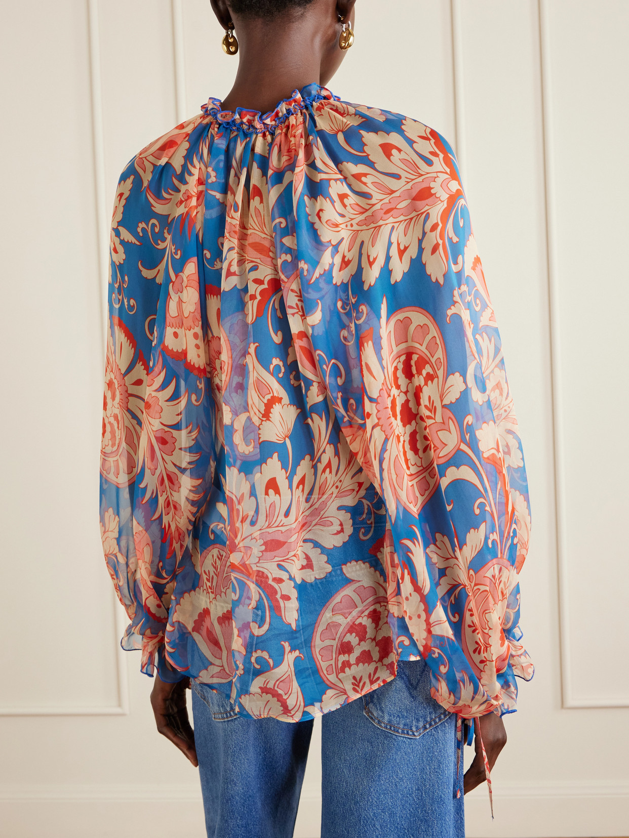 Floral-Print Silk-Chiffon Peplum Blouse