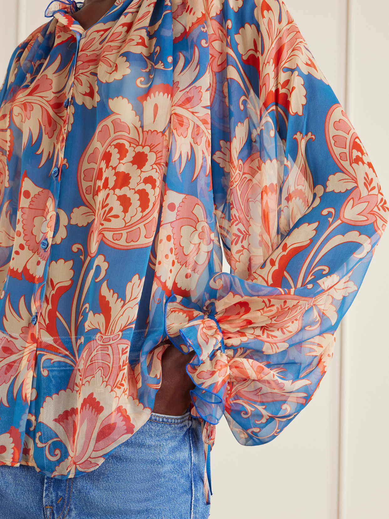 Floral-Print Silk-Chiffon Peplum Blouse