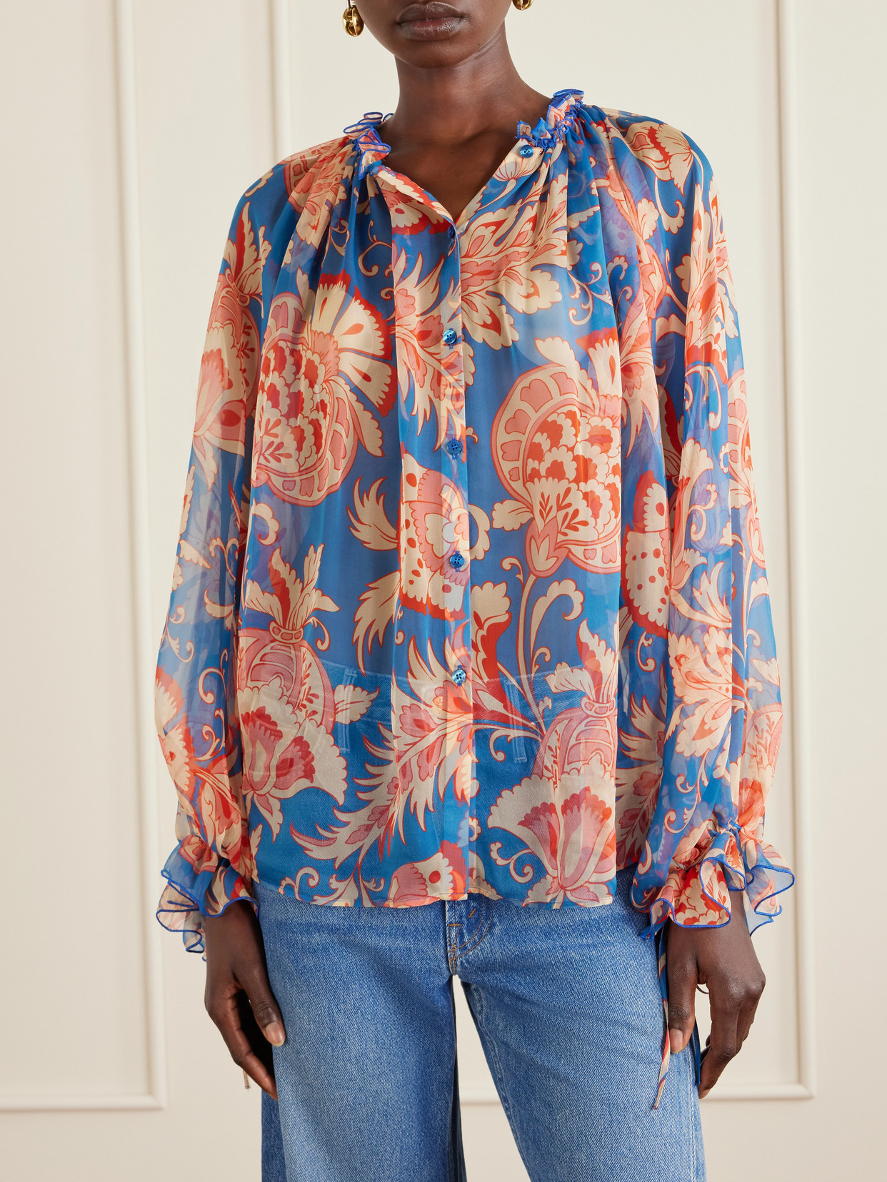 Floral-Print Silk-Chiffon Peplum Blouse