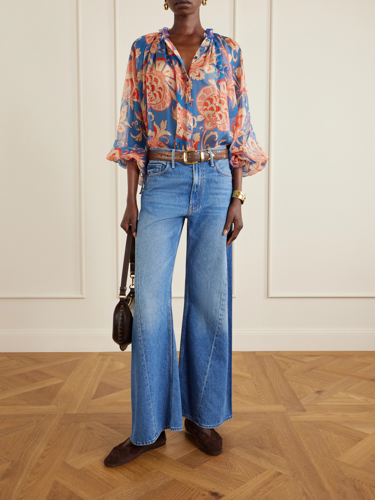 Floral-Print Silk-Chiffon Peplum Blouse