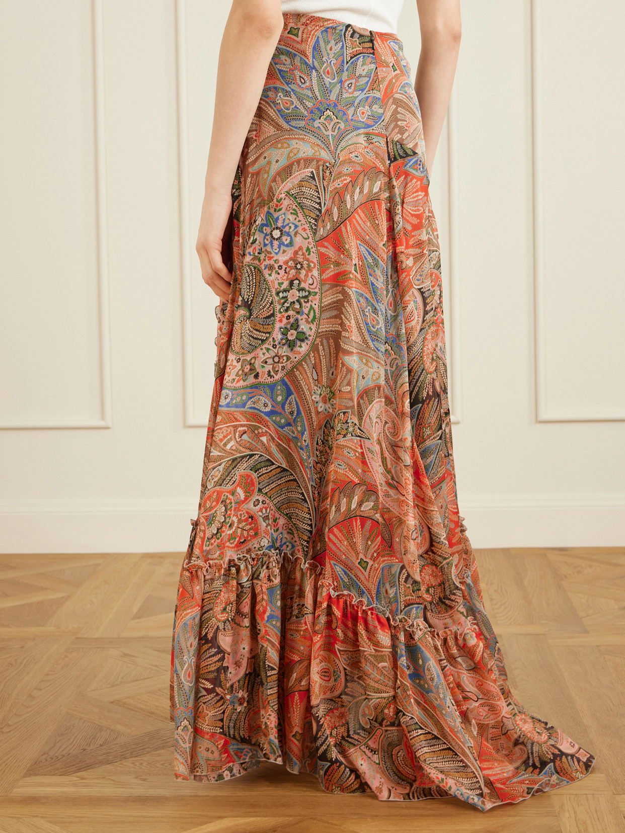 Etro Paisley Print Ruffle Silk Chiffon Maxi Skirt In Multi