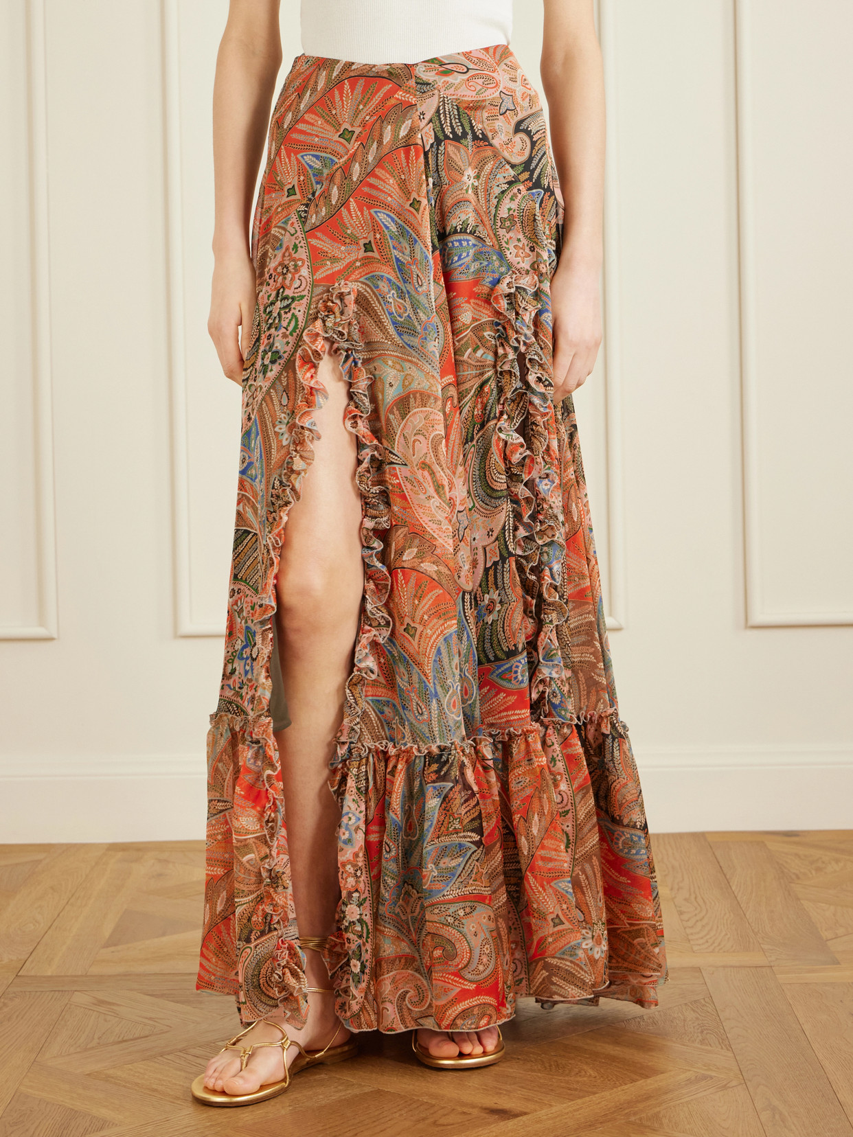 Etro Paisley Print Ruffle Silk Chiffon Maxi Skirt In Multi