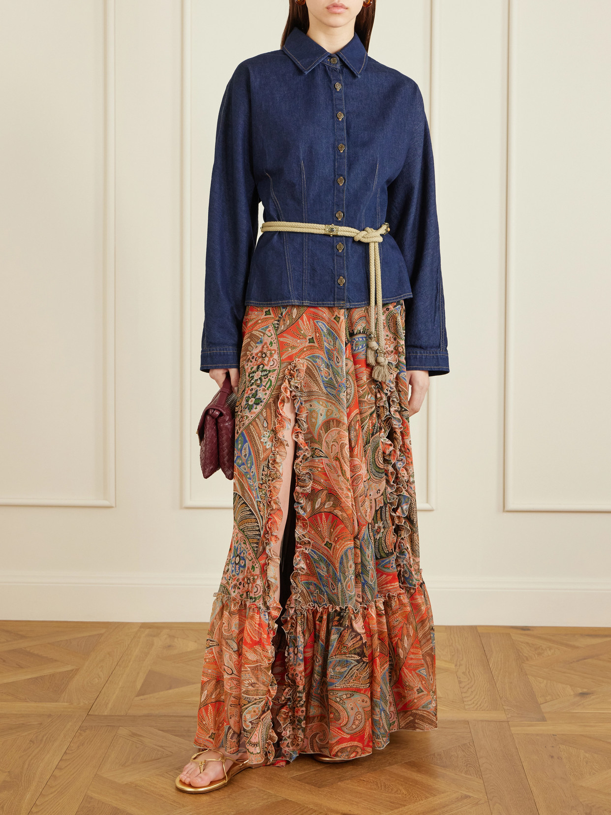 Etro Paisley Print Ruffle Silk Chiffon Maxi Skirt In Multi