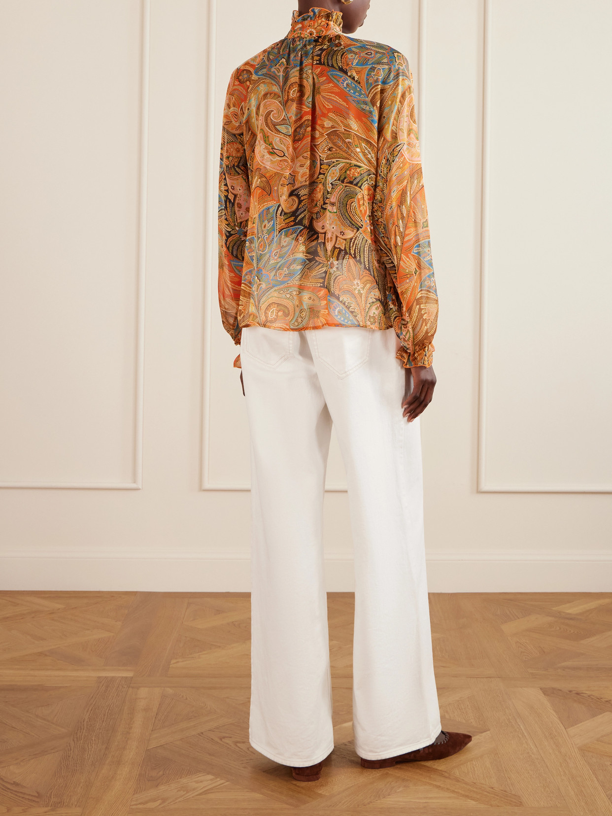 Etro Sheer Chiffon Shirt Paisley Ruffle Neckline In Orange
