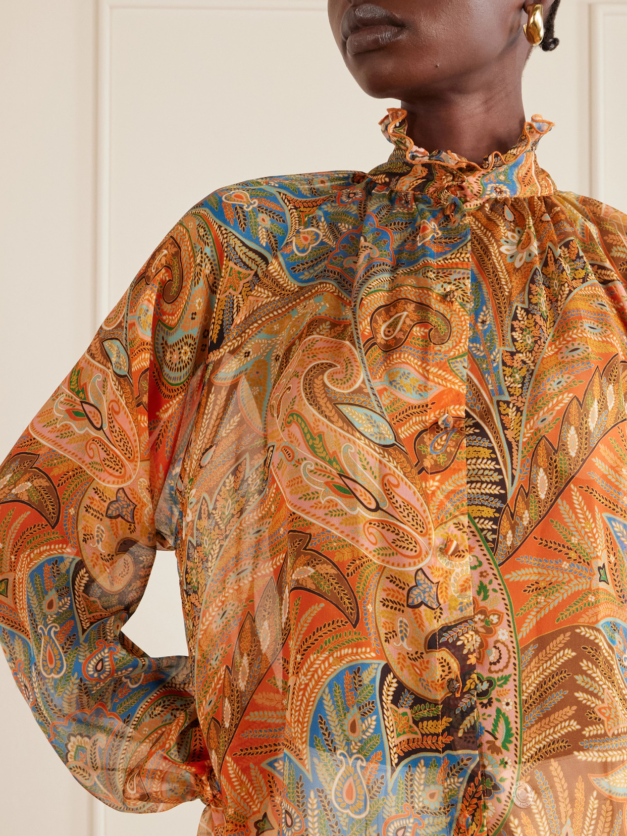 Etro Sheer Chiffon Shirt Paisley Ruffle Neckline In Orange