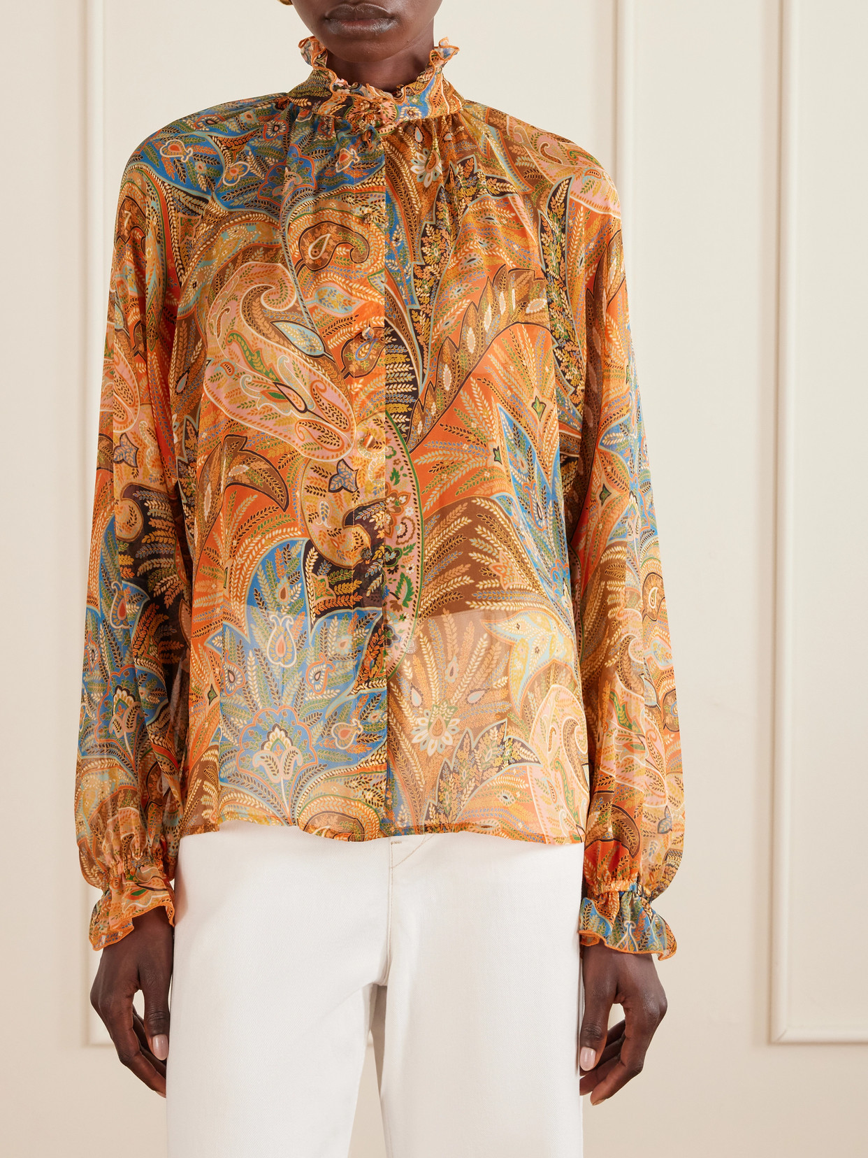 Etro Sheer Chiffon Shirt Paisley Ruffle Neckline In Orange