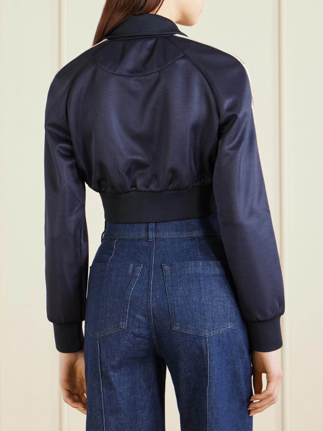 Cropped Canvas-Trimmed Satin-Jersey Track Jacket