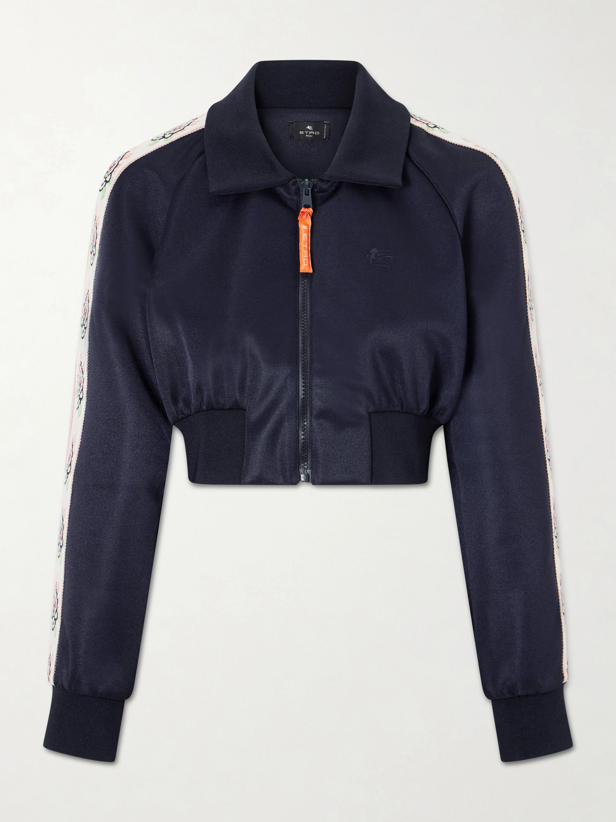 Etro Cropped Canvas-trimmed Satin-jersey Track Jacket In Blue