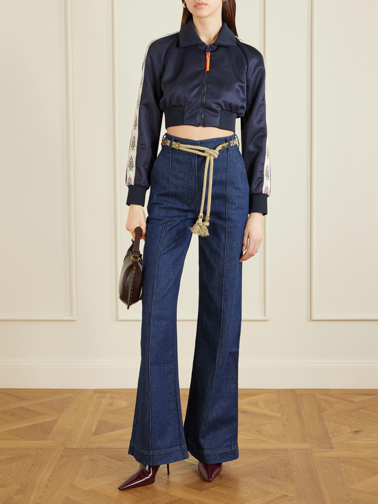 Cropped Canvas-Trimmed Satin-Jersey Track Jacket