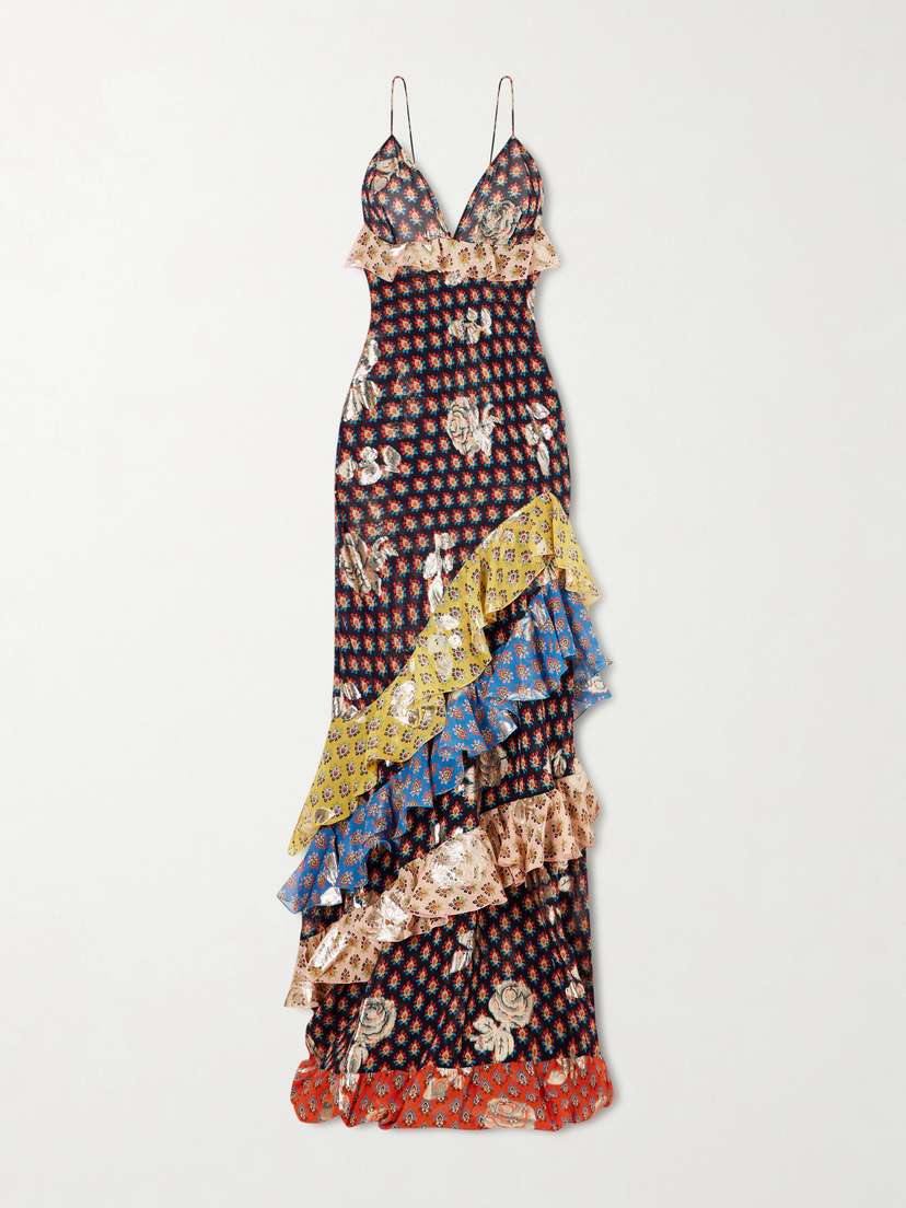 Etro Ruffled Tiered Printed Metallic Fil-coupé Silk-chiffon Maxi Dress