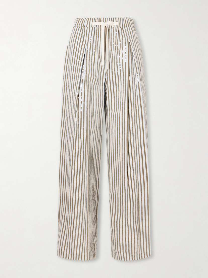 TWP Pj Sequin-trimmed Striped Cotton-blend Wide-leg Drawstring Pants
