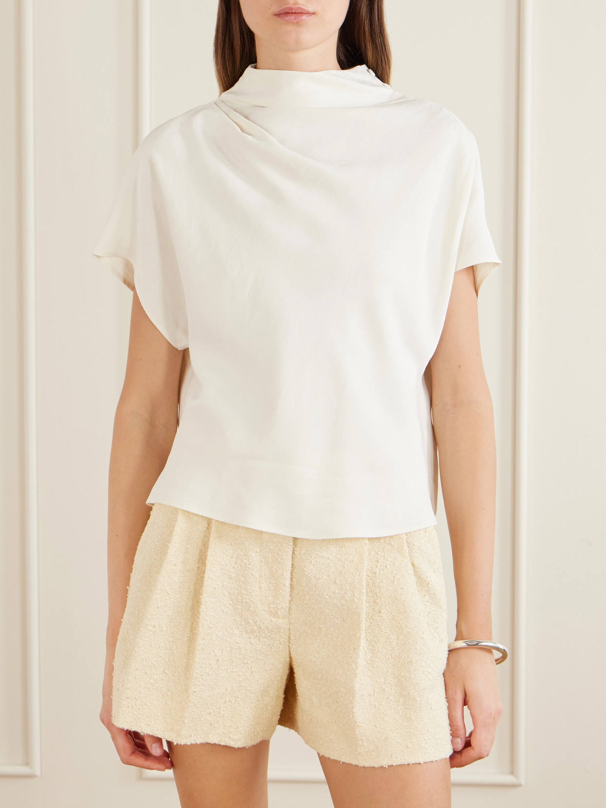Twp Draped Satin Blouse In White