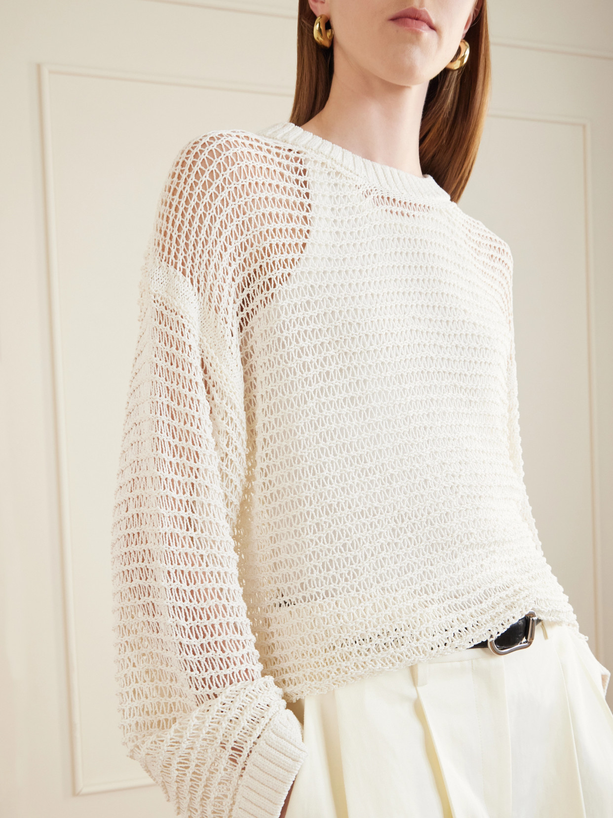 Wide Crew L/S Open-Knit Sweater