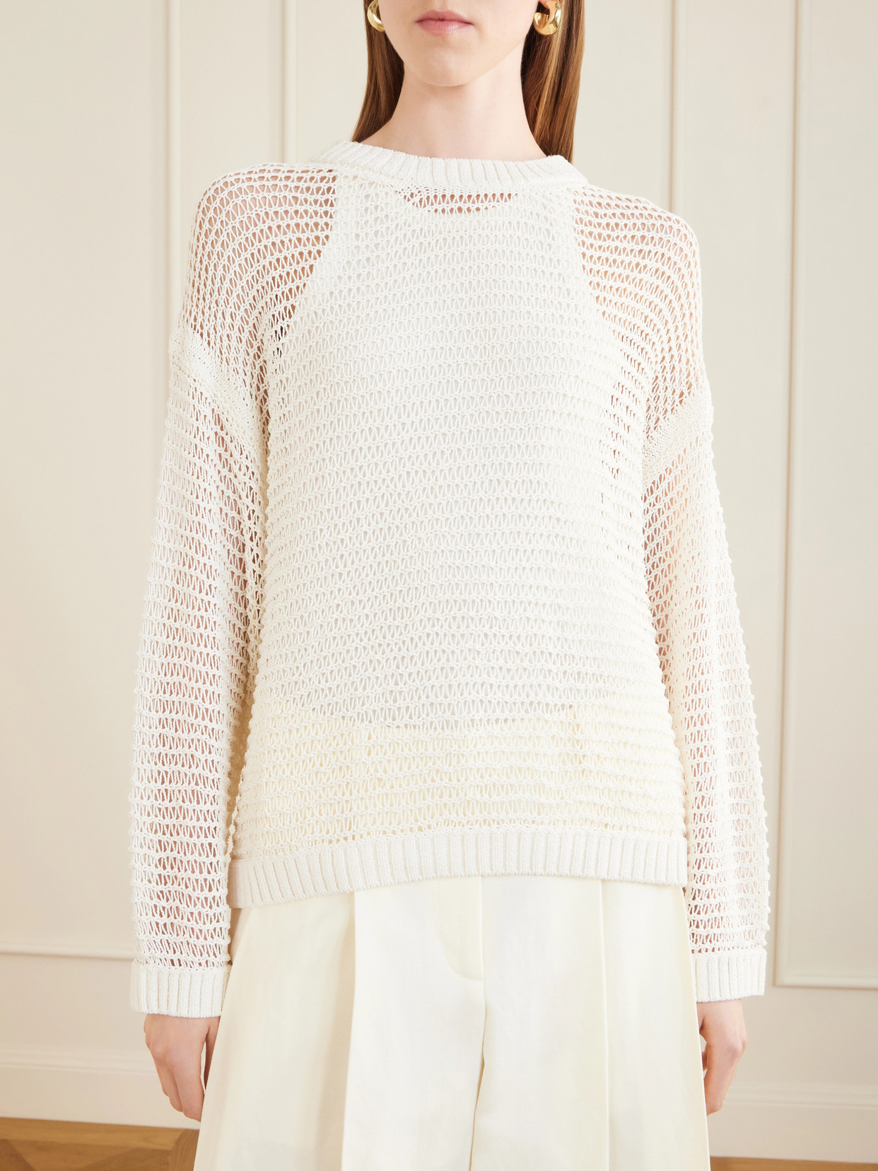 Wide Crew L/S Open-Knit Sweater