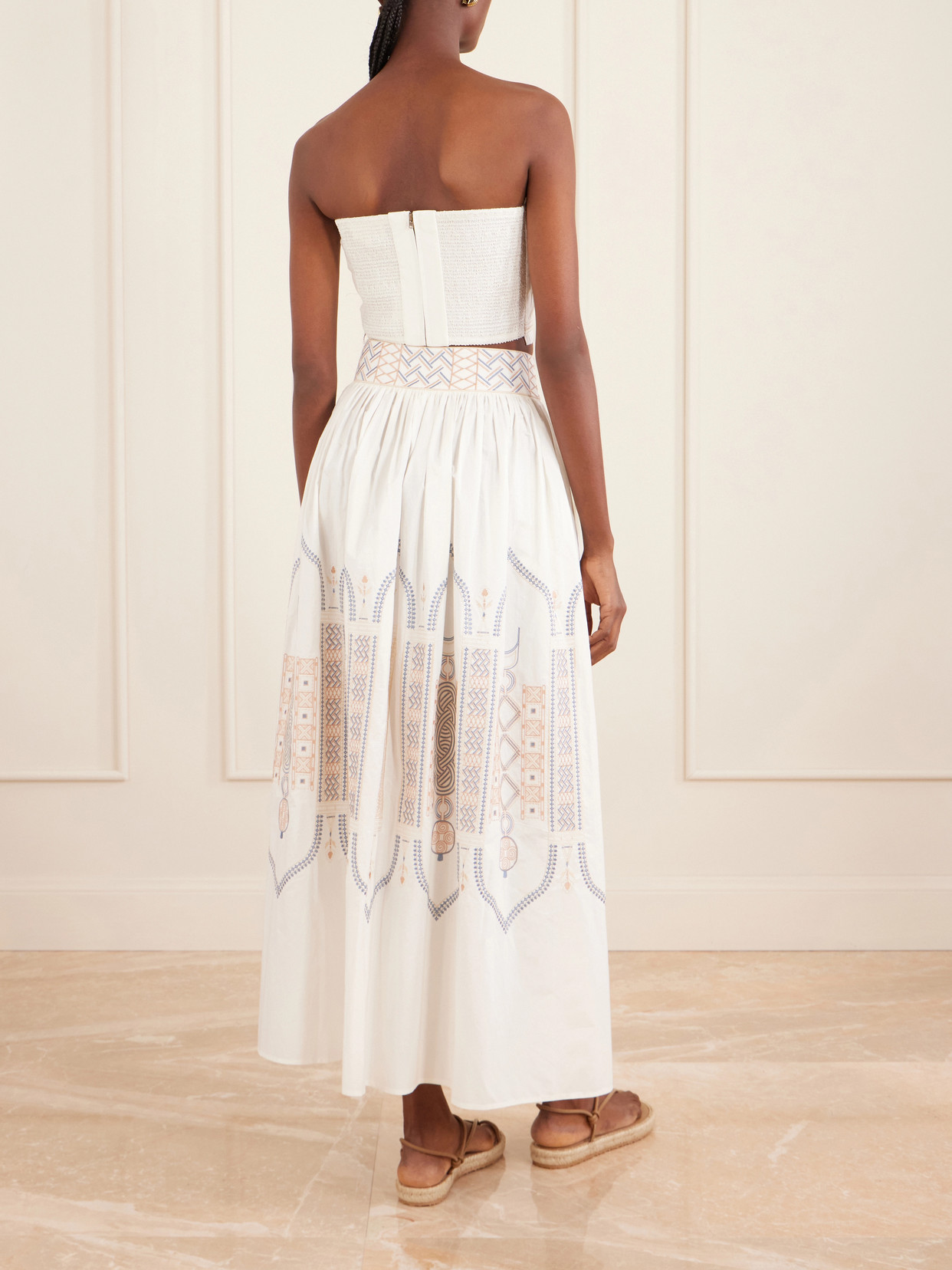 Flavia Strapless Cropped Embroidered Pleated Cotton-Blend Top