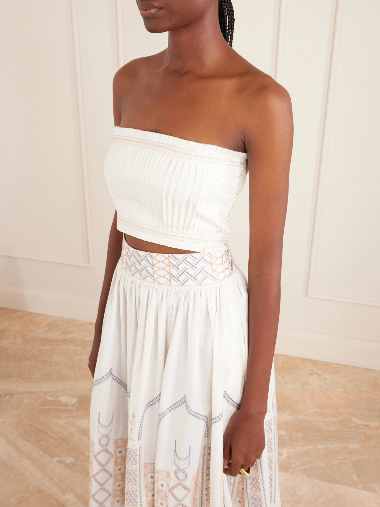 Flavia Strapless Cropped Embroidered Pleated Cotton-Blend Top
