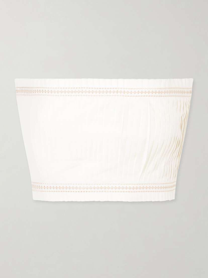 Emporio Sirenuse Flavia Strapless Cropped Embroidered Pleated Cotton-blend Top