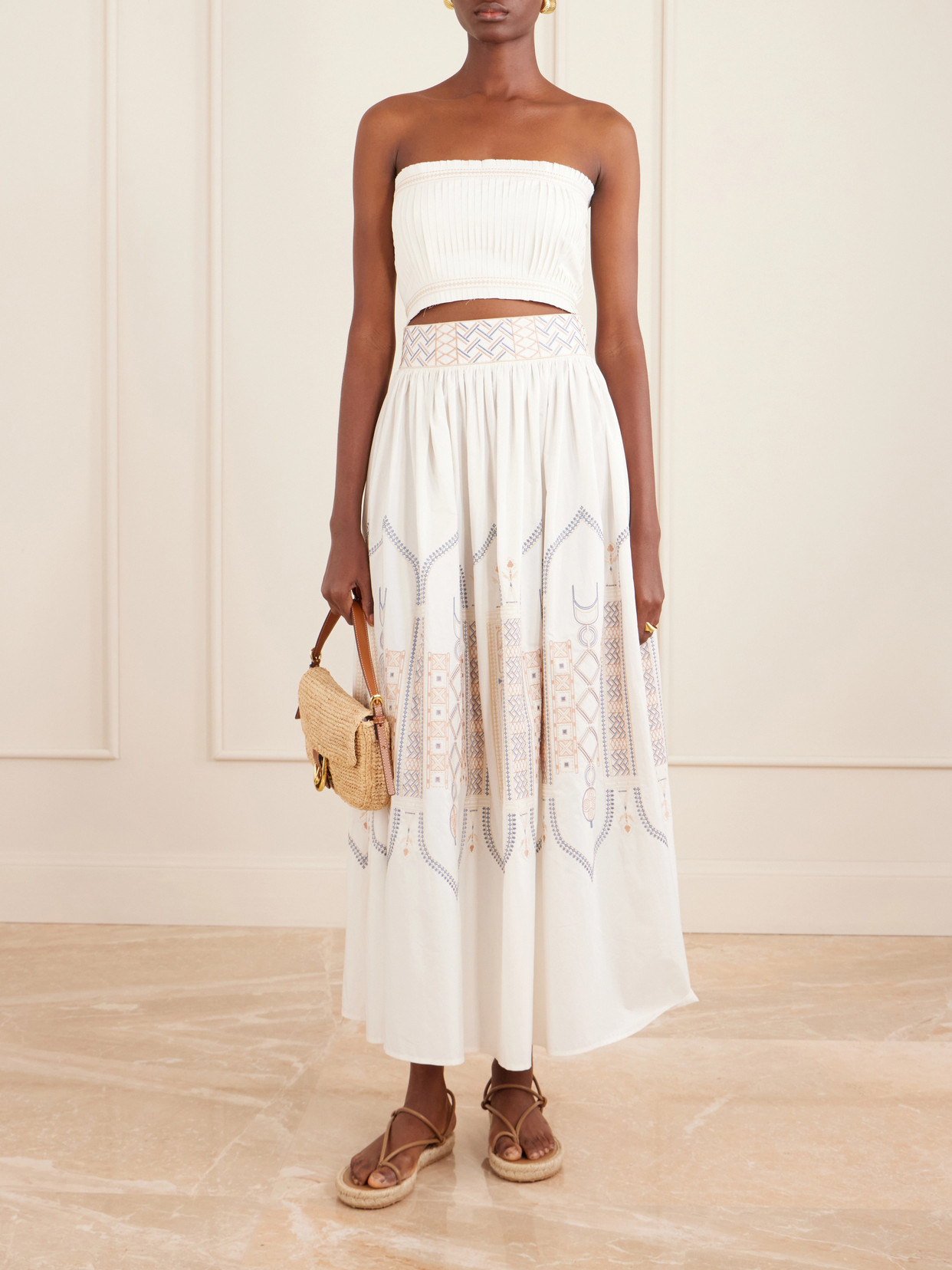 Flavia Strapless Cropped Embroidered Pleated Cotton-Blend Top