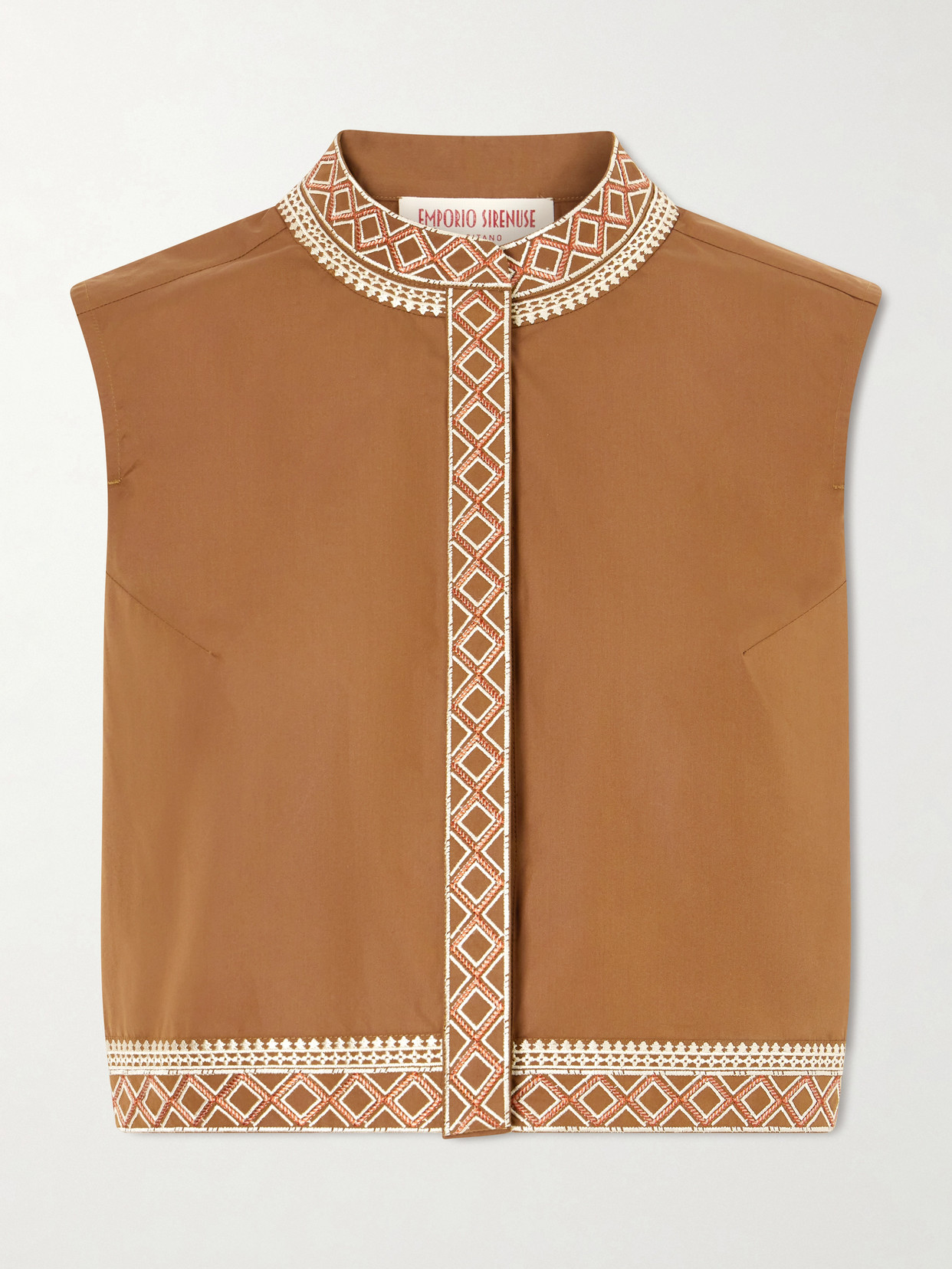 Emporio Sirenuse Andorra Cropped Embroidered Lace-trimmed Cotton-blend Poplin Top In Brown