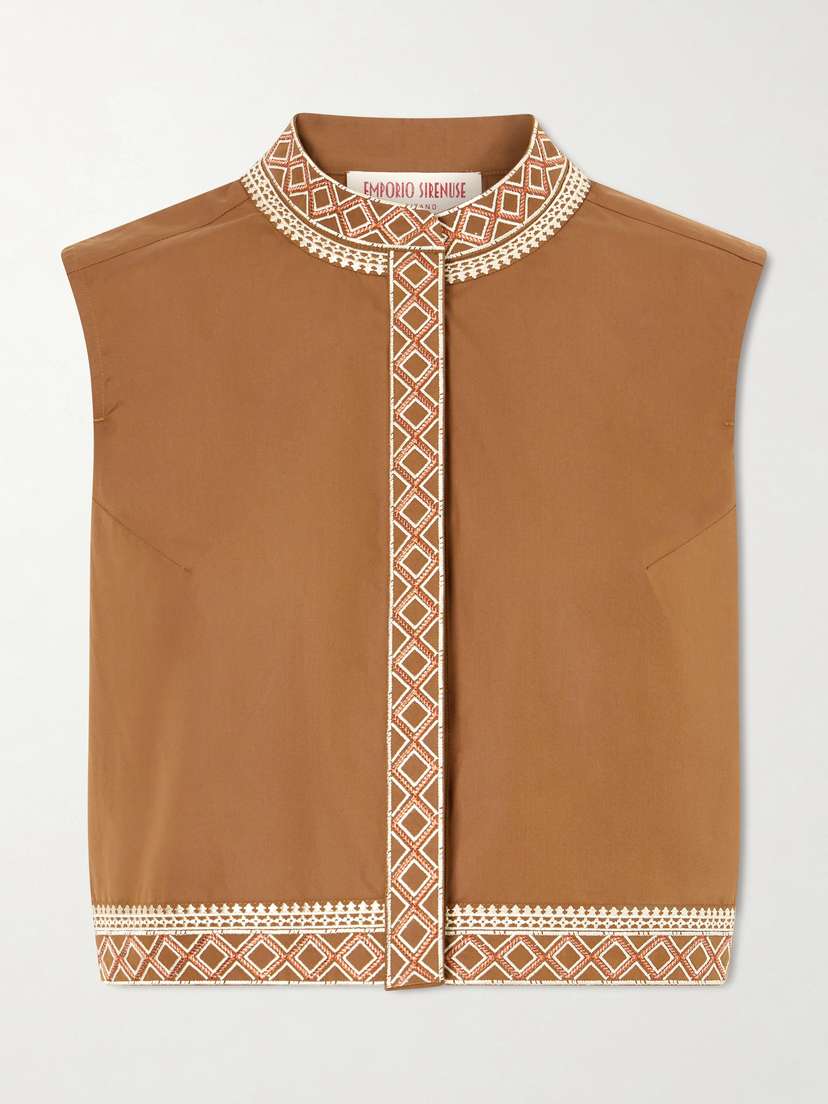 Emporio Sirenuse Andorra Cropped Embroidered Lace-trimmed Cotton-blend Poplin Top