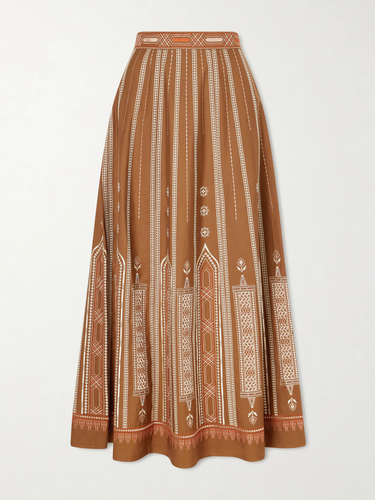 Emporio Sirenuse Camille Embroidered Cotton-blend Midi Skirt In Brown