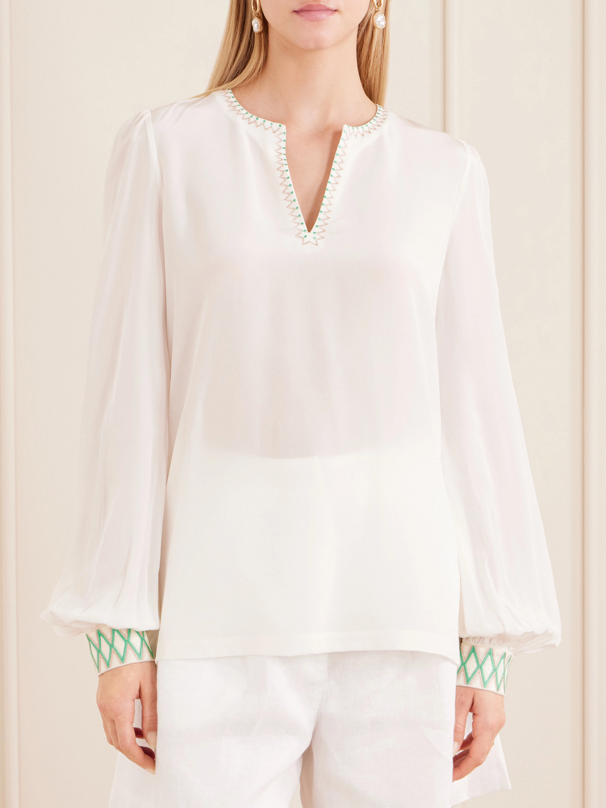 Vera Embroidered Silk-Crepe Blouse