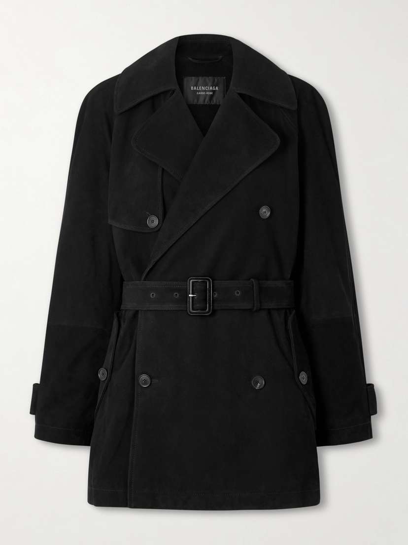 Balenciaga Double-breasted Belted uede Trench Coat