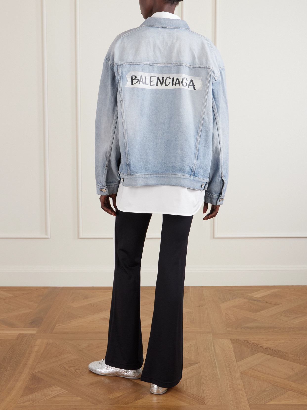 Balenciaga Oversized Distressed Printed Denim Jacket In Blue