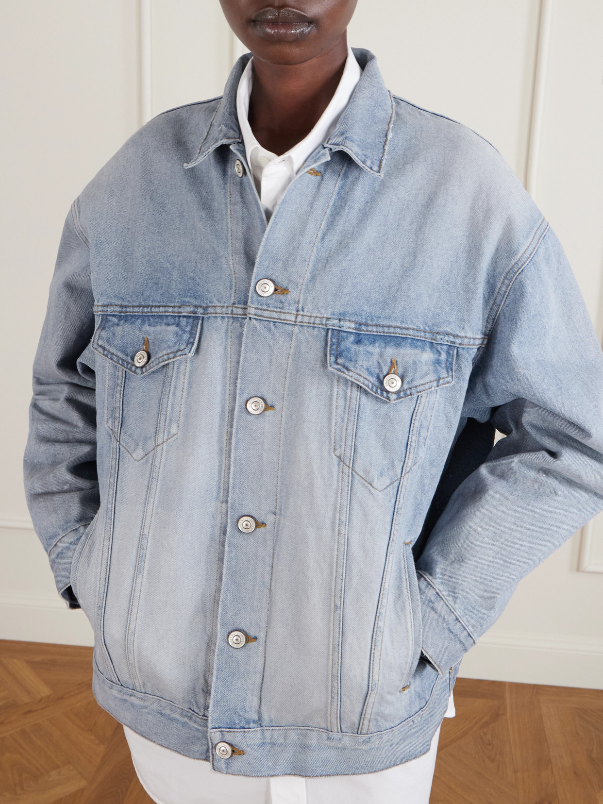 Balenciaga Oversized Distressed Printed Denim Jacket In Blue