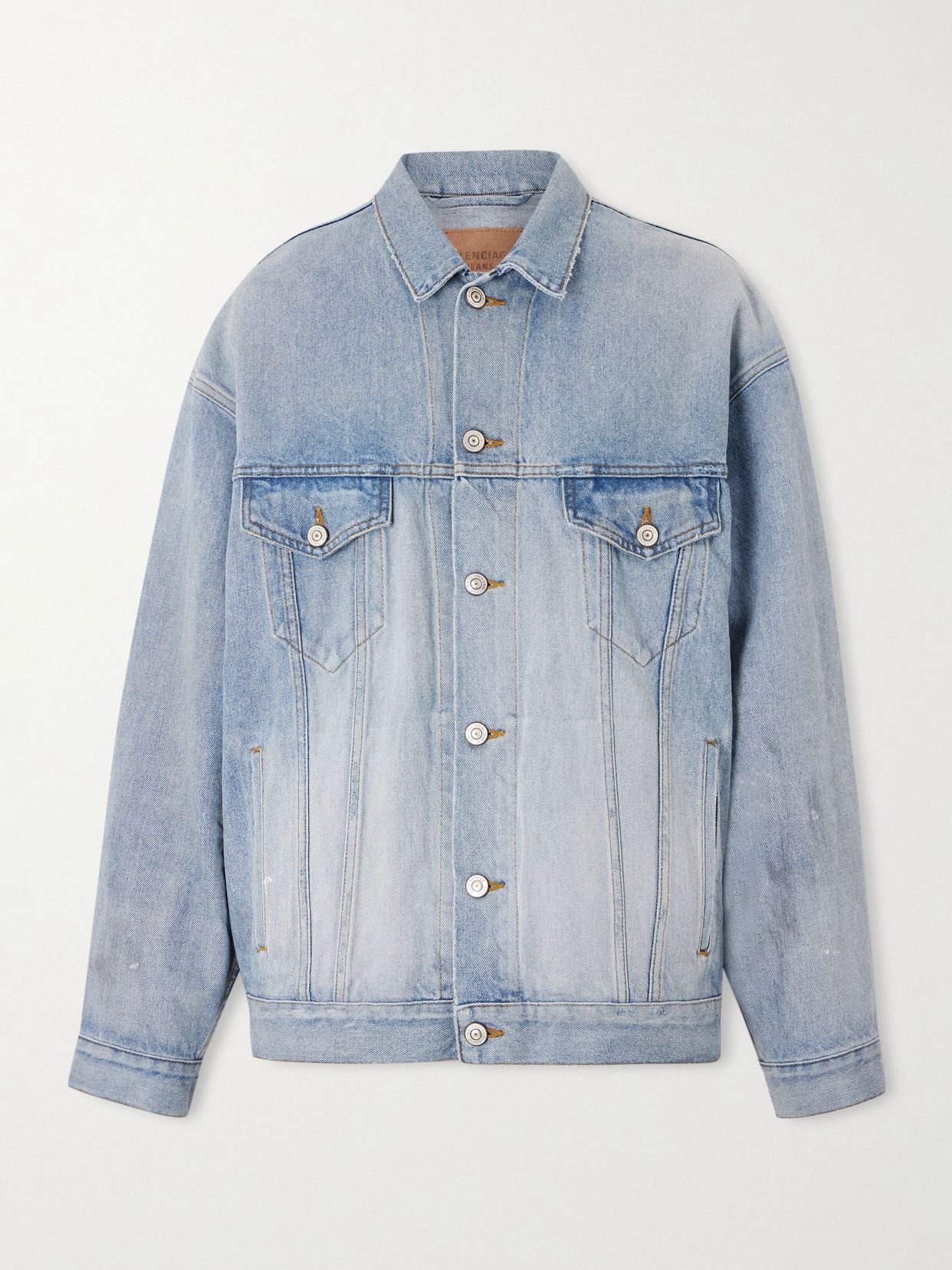 Oversized distressed printed denim jacket