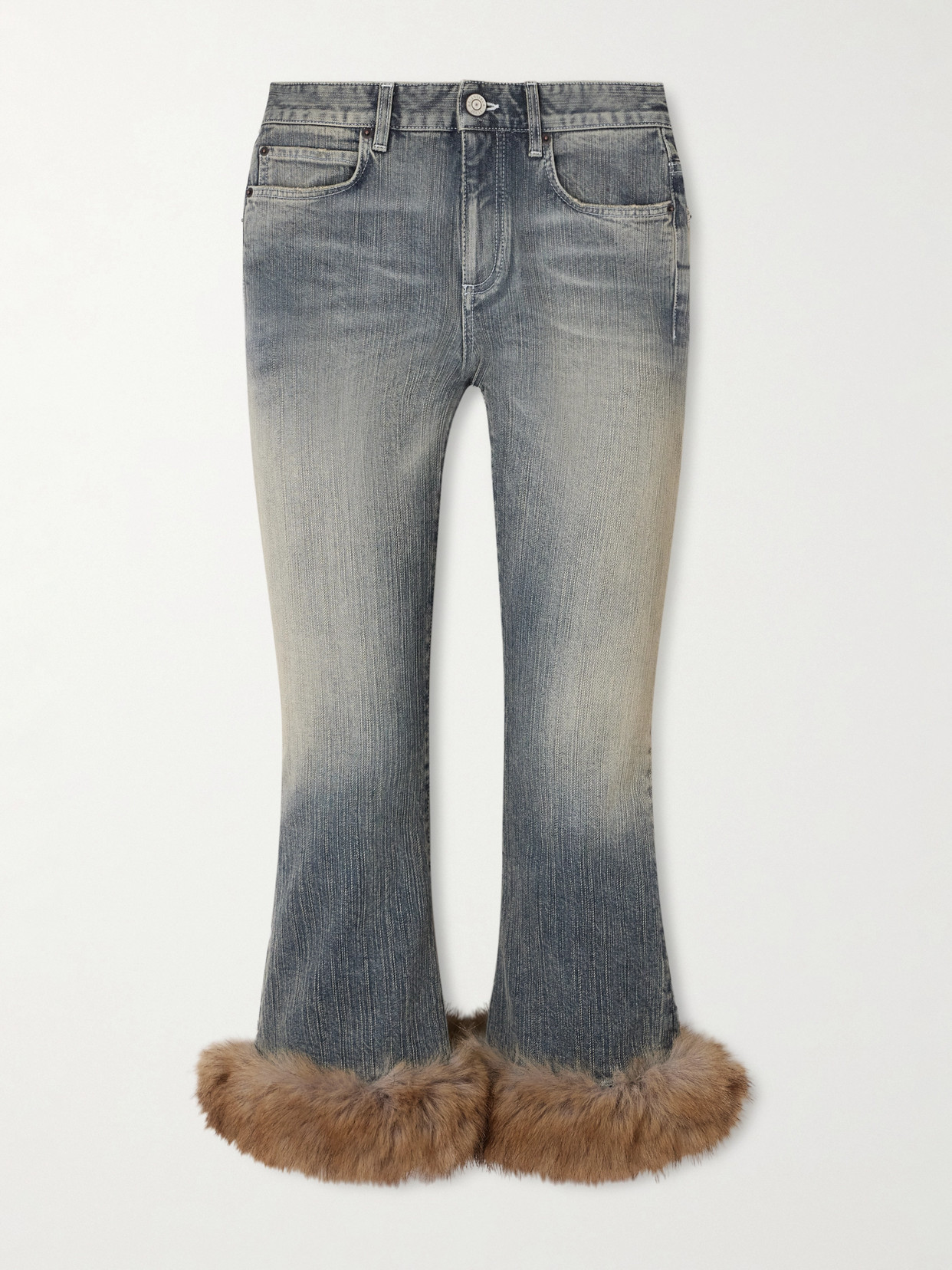 Balenciaga Cropped Plush-trimmed Low-rise Flared Jeans In Blue