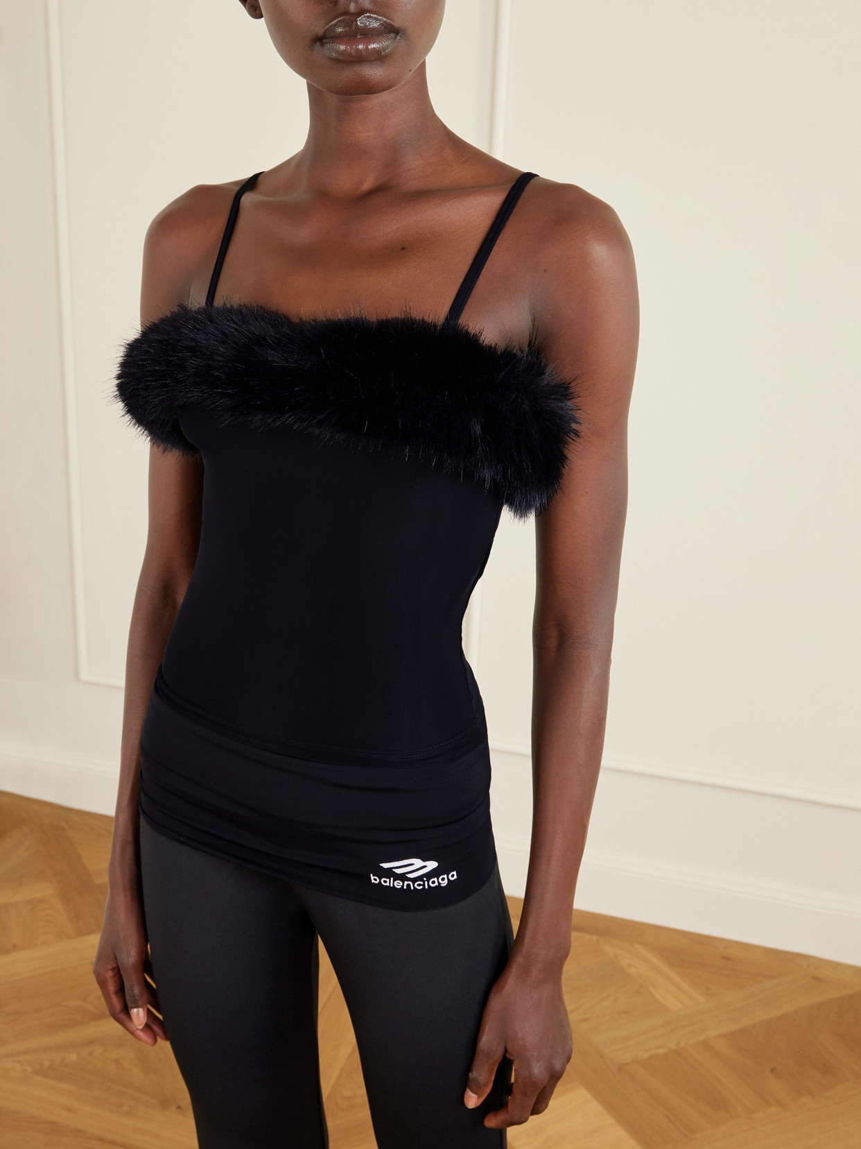 Balenciaga Plush-trimmed Stretch-jersey Camisole In Black